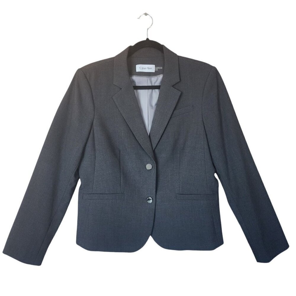 Calvin Klein Women's Blazer Jacket 14 Gray 2-Button Business Workwear Career